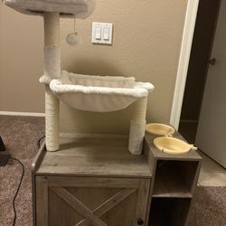 Cat Litter Enclosure Box With Cat Tree Scratch Posts And Bowls 
