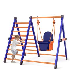 Climbing Toys and Baby Swing Set for Kids Toddlers Aged 1-3, Jungle Gym Pikler Triangle & Metal Swing Set Foldable 2-in-1 Montessori Baby Playground f