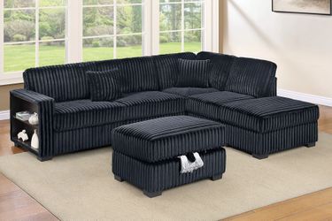 Brand New Black Corduroy Sectional Sofa w Storage Ottoman