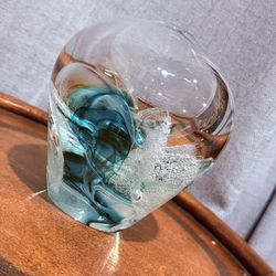 Michelle Kaptur Studio Art Glass Paperweight • Signed, Teal Green Swirl Bubble Sculpture
