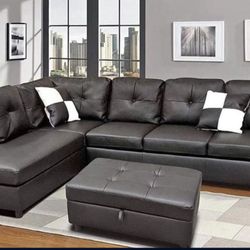 Black Leather Sectional Couch And Ottoman