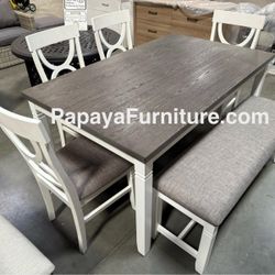 NEW 6 Piece Dining Room Table and Chair Bench Set Grey White Wood Big Discount Furniture Warehouse SALE 6pc White Gray Grey Cottage Style Clearance
