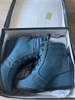 blue denim high top sneakers - size 5.5 - new