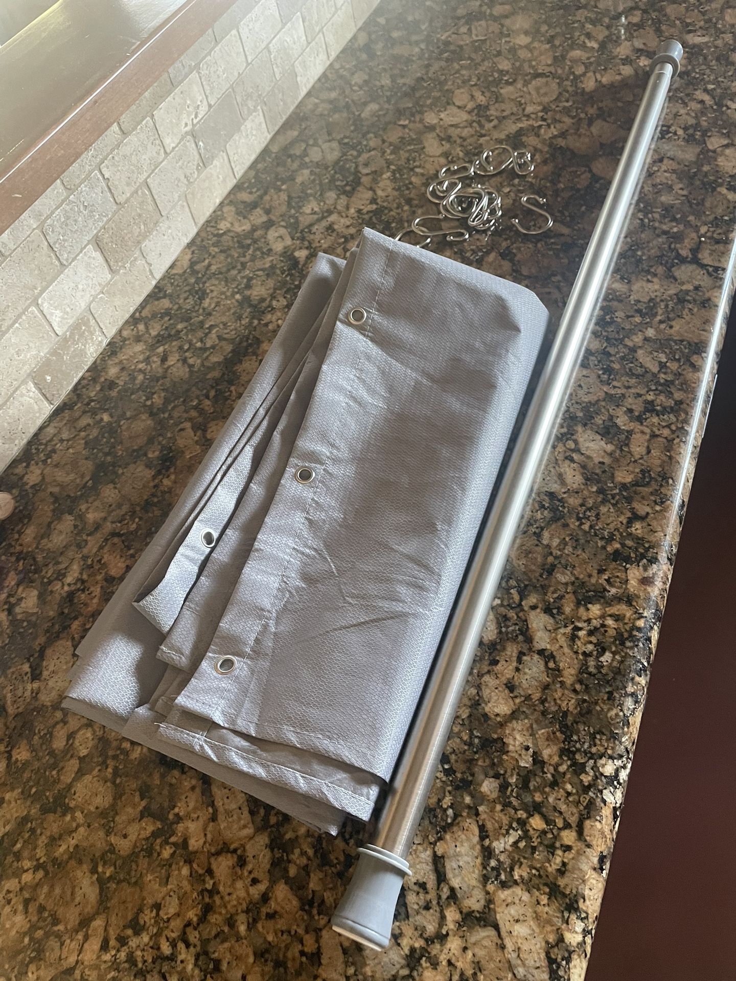 Shower Curtain, Hooks And Curtain Tension Rod