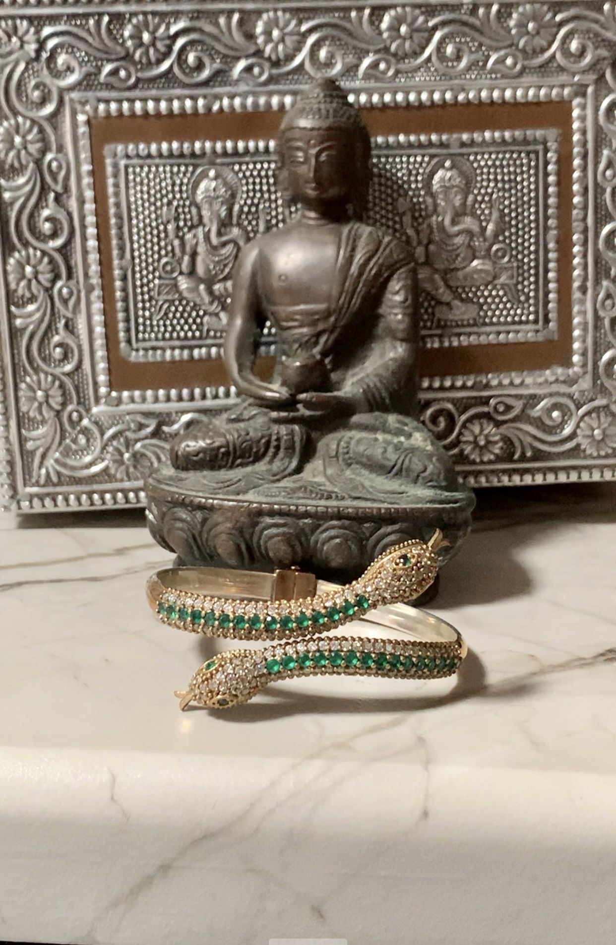 Double-Headed Snake Silver Antique Style European Bracelet Encrusted With Emerald Topaz
