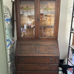 Late 19th Century Edwardian Oak Fall Front Bureau Bookcase Secretary Curio Cabinet