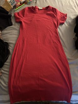Red Ribbed Short Sleeve Dress