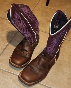 LAREDO WOMEN'S SIZE 8.5 M BOOTS GENUINE LEATHER BROWN PURPLE WESTERN COWBOY BOOT SQUARE TOE EMBROIDERED RODEO COUNTRY