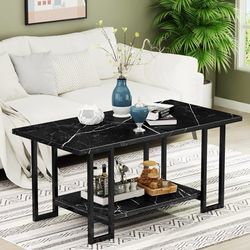 Marble Coffee Table, Faux Marble Top Rectangular Coffee Table with Black Metal Frame, 2 Tier Living Room Table for Living Room, Office, Balcony, Black