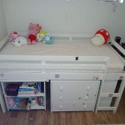 White Twin Loft Bed Frame with Storage Drawers, Solid Wood Low Loft Bed with Cabinet and Shelf 