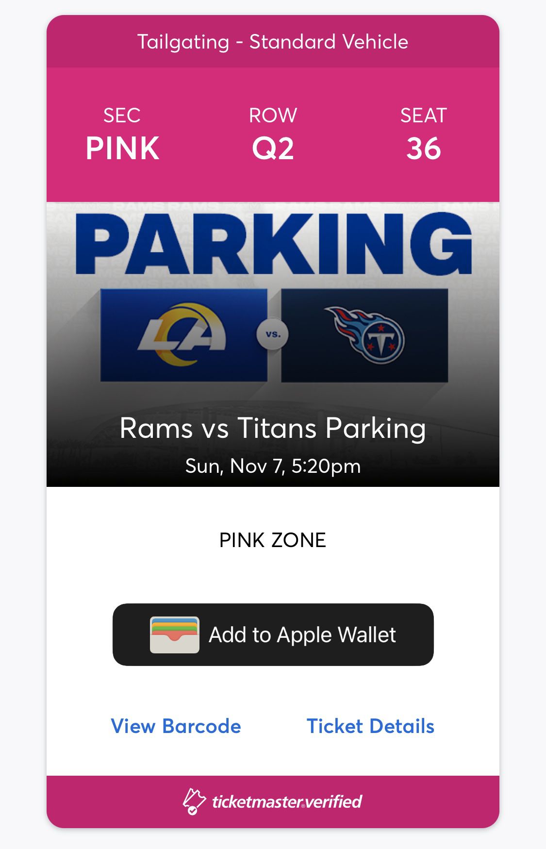 Rams vs Titans Tailgating Parking ($160)
