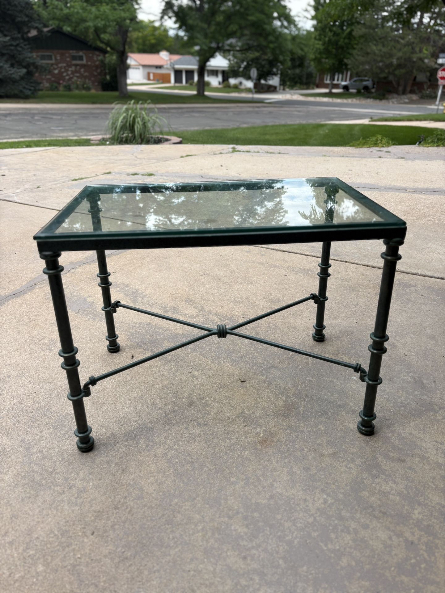 Glass Top Coffee Table w/ Metal Verdigris Finish