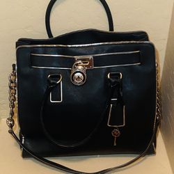 Michael Kors Hamilton Leather Black with Silver Trim Satchel Handbag