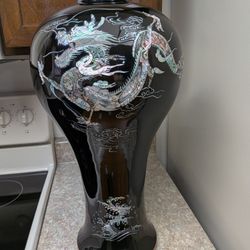 Vintage Korean brass vase featuring black lacquer and intricate mother-of-pearl or abalone inlay depicting a dragon