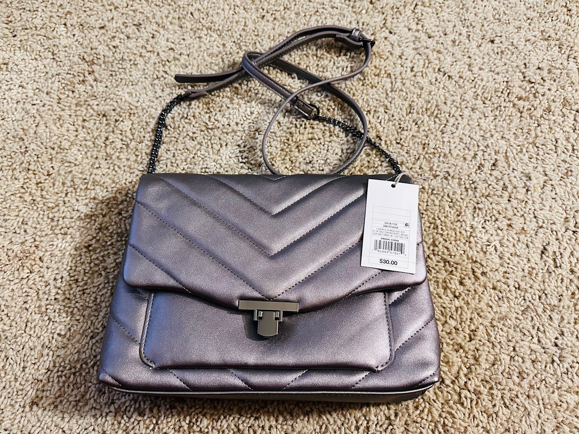 A New Day Quilted Boxy Crossbody Bag Metallic Gray Chain Women's