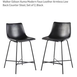 Walker Edison Xuma Modern Faux Leather Armless Low Back Counter Stool, Set of 2, Black