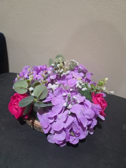 Faux Floral Centerpiece on Wood Slice