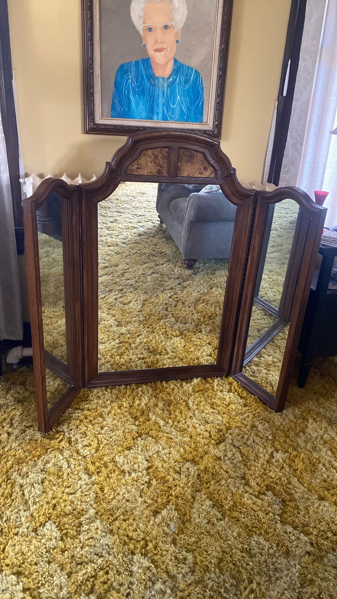 Antique Tri Fold Wood Mirror