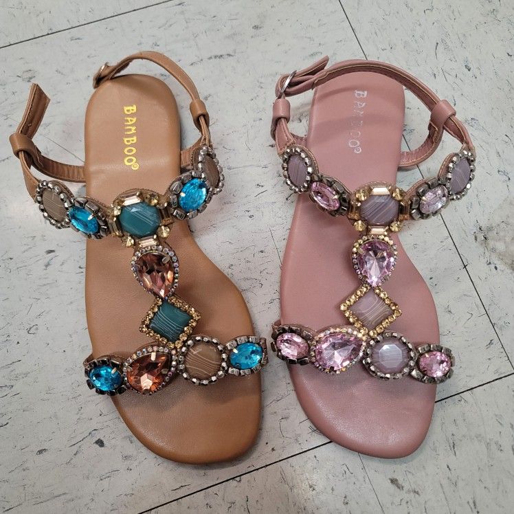 Bamboo Jeweled Strap Sandal Pink, Tan Multi  Sizes Avaiable New 5-10