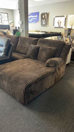 $10 down Power Recliner sectional with reclining chaise lounge new plush cord fabric chocolate brown. Must sell floor model was $1599 now $1200 can de