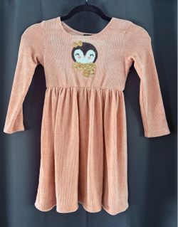 Lilt Girls Pink Ribbed Long Sleeve Dress with Sequined Penguin - Size 6