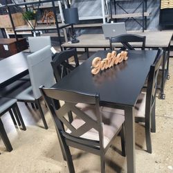 Black Dining Set With 4 Chairs With Beige Cushion Seats (New)