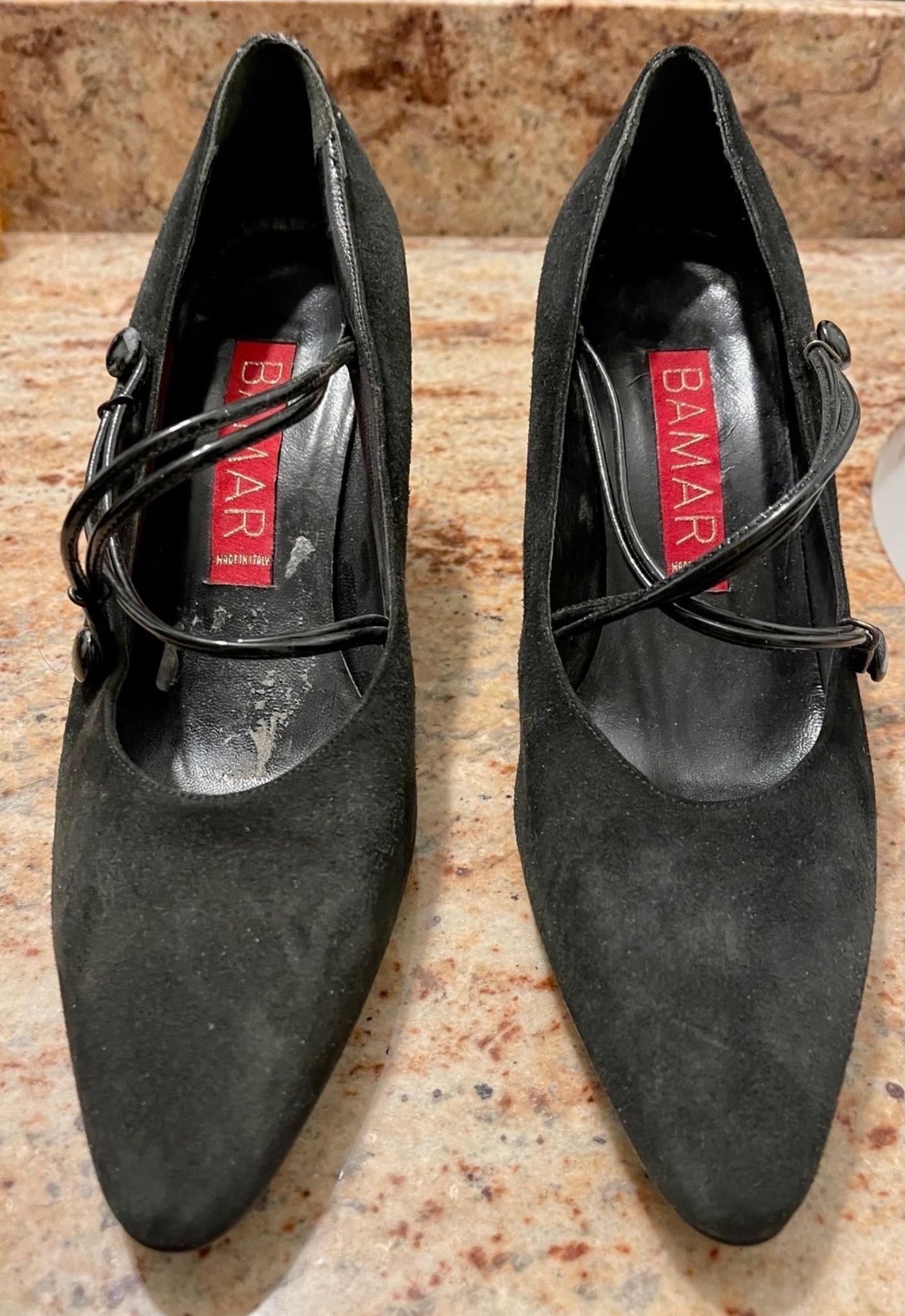 Bamar Black/Dark Gray Suede Leather Cross-Strap Pointed Toe Heels Pumps, Italy, 40/9.5