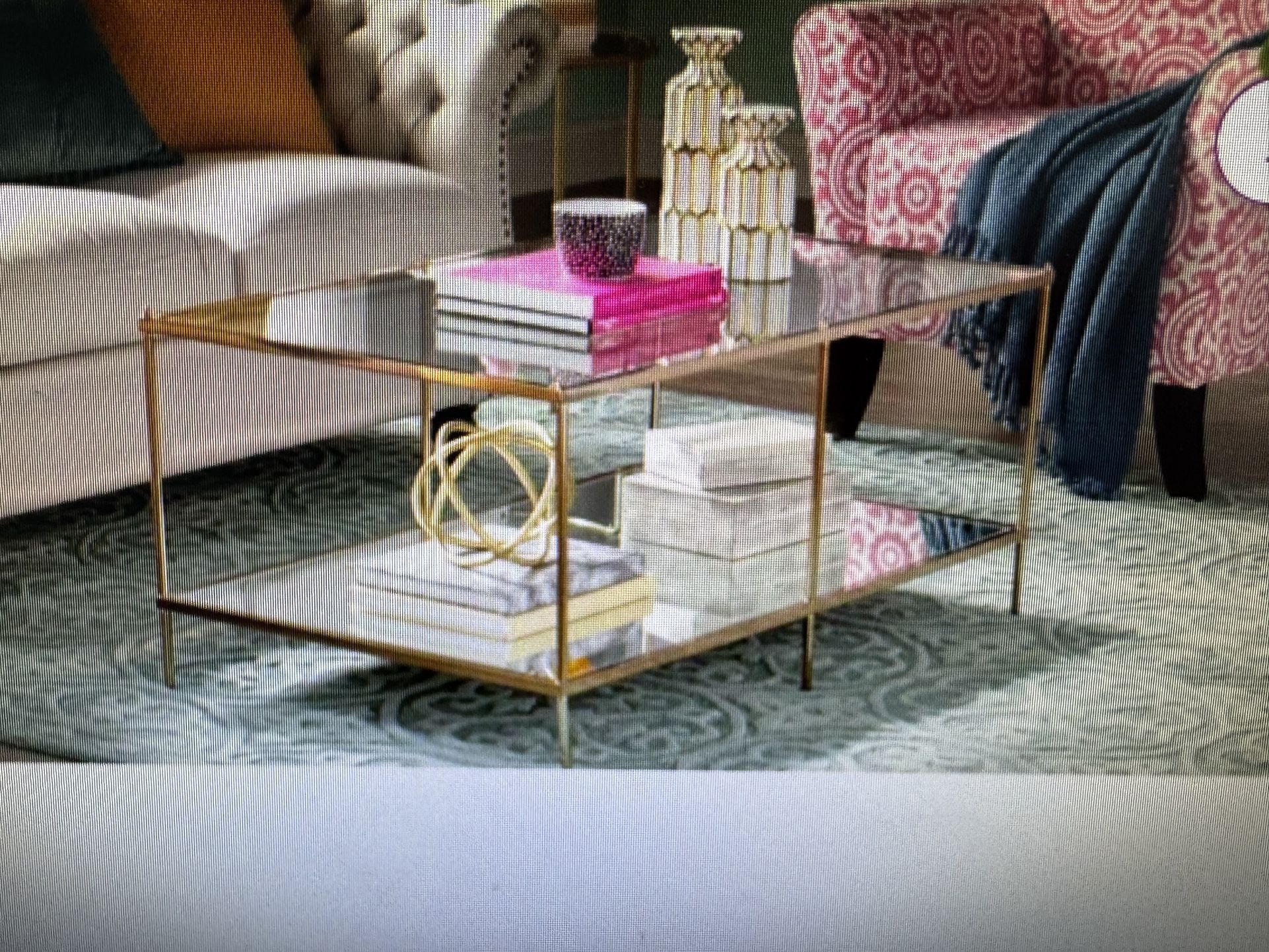 Large Rectangle Gold Tone Glass And Mirror Coffee Table.