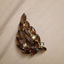 Vintage Topaz And Aurora Borealis Rhinestone Leaf Brooch