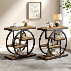 End Table Set of 2, Narrow Side Table with Storage Shelves, Wood Small Sofa Side Table with Geometric Metal Frame, Industrial Bedside Table NEW 