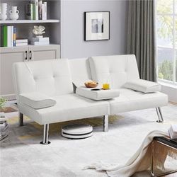 White Modern Faux Leather Convertible Futon Sofa Bed with Cup Holders  Designed for small-space living, this 3-in-1 faux leather futon s