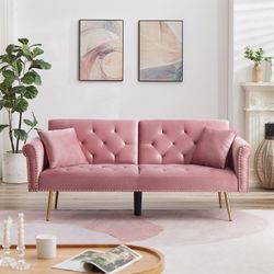 Pink Modern Velvet 2 in 1 Futon Sofa Bed Convertible Folding Sleeper Couch 2 Pillows 73" Tufted