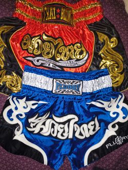 Thai Boxing shiny shorts $60 Size (S/M) Red/Gold - Silver/Blue