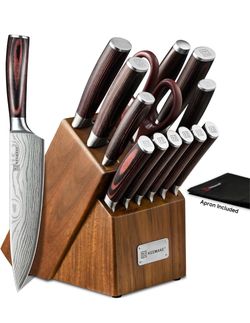 Knife Set, 15 Pieces Knife Block Set w/ Kitchen Apron and Sharpener Hand-forged Stainless Steel, Razor Sharp, Non-Stick & Anti-Rust, Ergonomic Handle,
