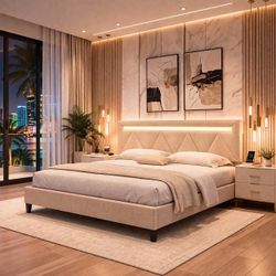 King size bed frame with LED Headboard, Upholstered Platform, Charging Station, beige D-42