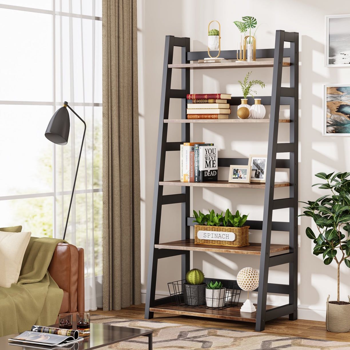 5-Tier Bookshelf, Ladder Bookcase Etagere Storage Shelf