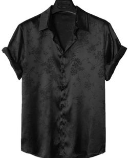 Black Satin Floral Jacquard Button-Up Shirt