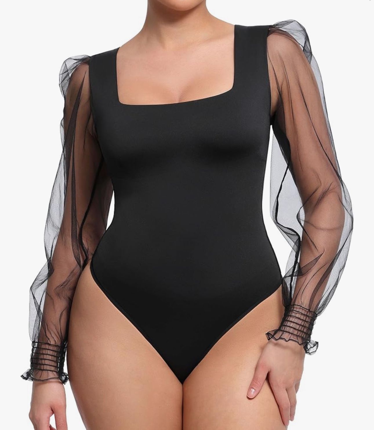 FeelinGirl Bodysuit for Women Tummy Control Seamless Fashion Thong Tops Long Puff Sleeve Bodysuit XXL