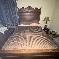 Genuine Antique Wood Bed Frame w/Serta Mattress & Box Spring