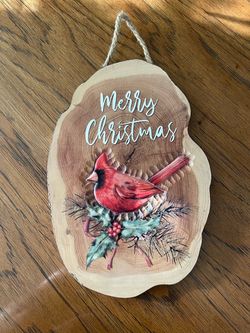Hanging Merry Christmas Wooden or Wood Like Plaque with Cardinal Bird and Holly Theme