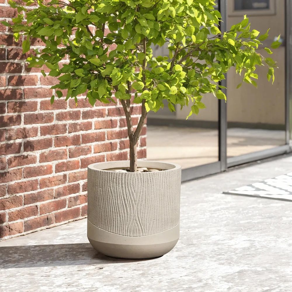 LuxenHome Blended Tan with Wood Pattern 11.4-Inch Tall Round MgO Planter,PL2361-S