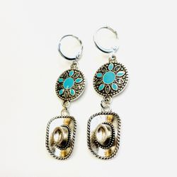 Southern Earrings Western Silver Cowboy Hat Cowgirl  turquoise