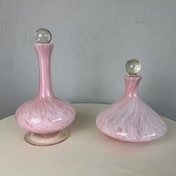 2 Vintage Hand-Blown Italian Art Glass Bottles in Pink Murano Style Swirl
