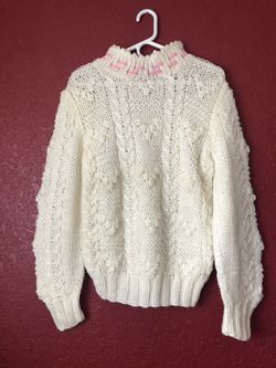 Vintage Tally-Ho Ivory Cream White Pink Ribbon Collar Kawaii Sweater Cute Vtg M