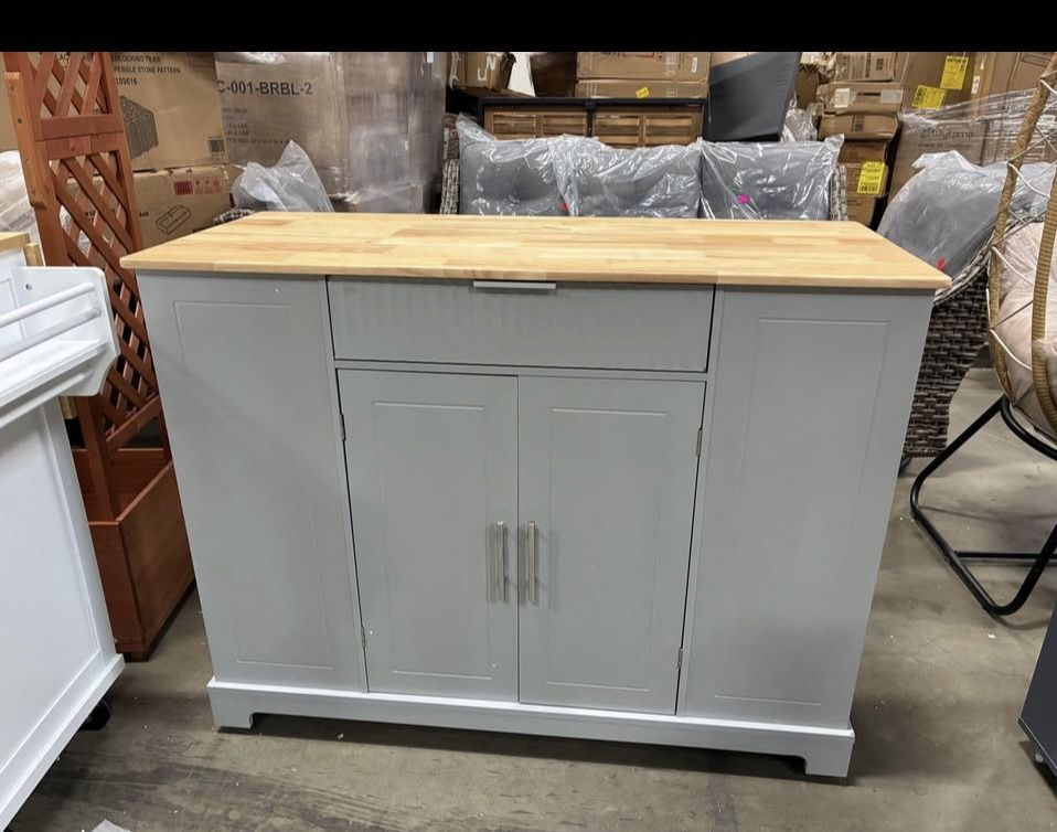New Assembled. MINOR DAMAGE CHIPPED Kitchen Storage Island with Trash Can Cabinet & Power Outlet