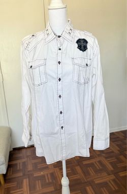 TM Exposure Men’s white button down long sleeve embroidered shirt size medium