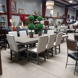 Gray Farmhouse Style Dining Table Set W/8 Chairs 