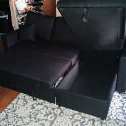 Black Linen Pull Out Sectional Sofa w/storage chaise