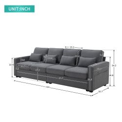 [VIDEO provided] [New] 104 4-Seater Modern Linen Fabric Sofa with Armrest Pockets and 4 Pillows,Minimalist Style Couch for Living Room, Apartment, Off