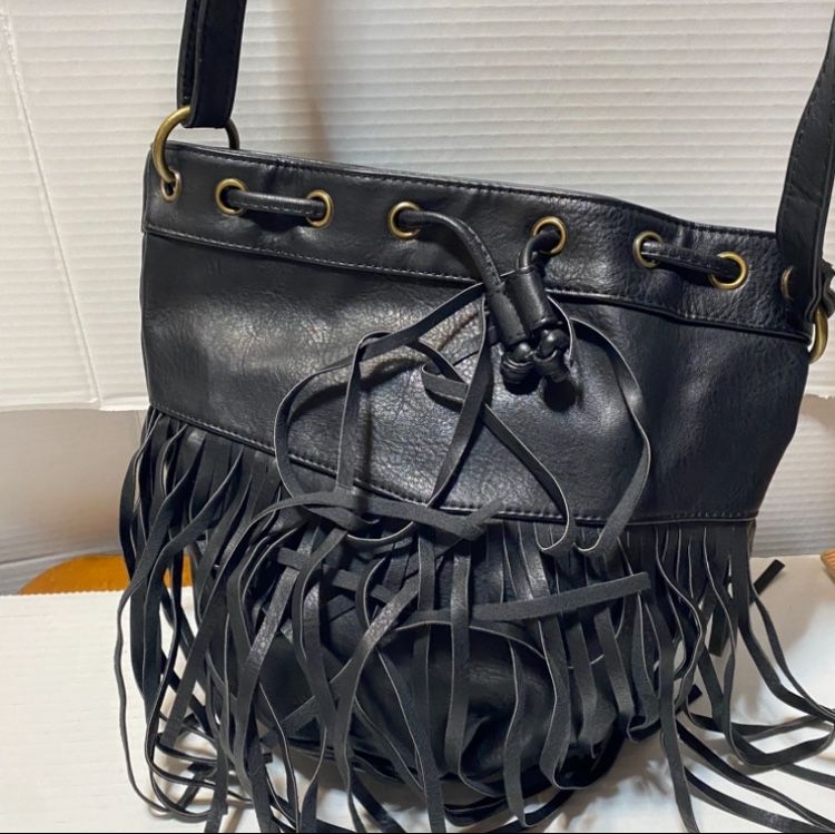 Faux Black Leather W Fringe Bucket Purse